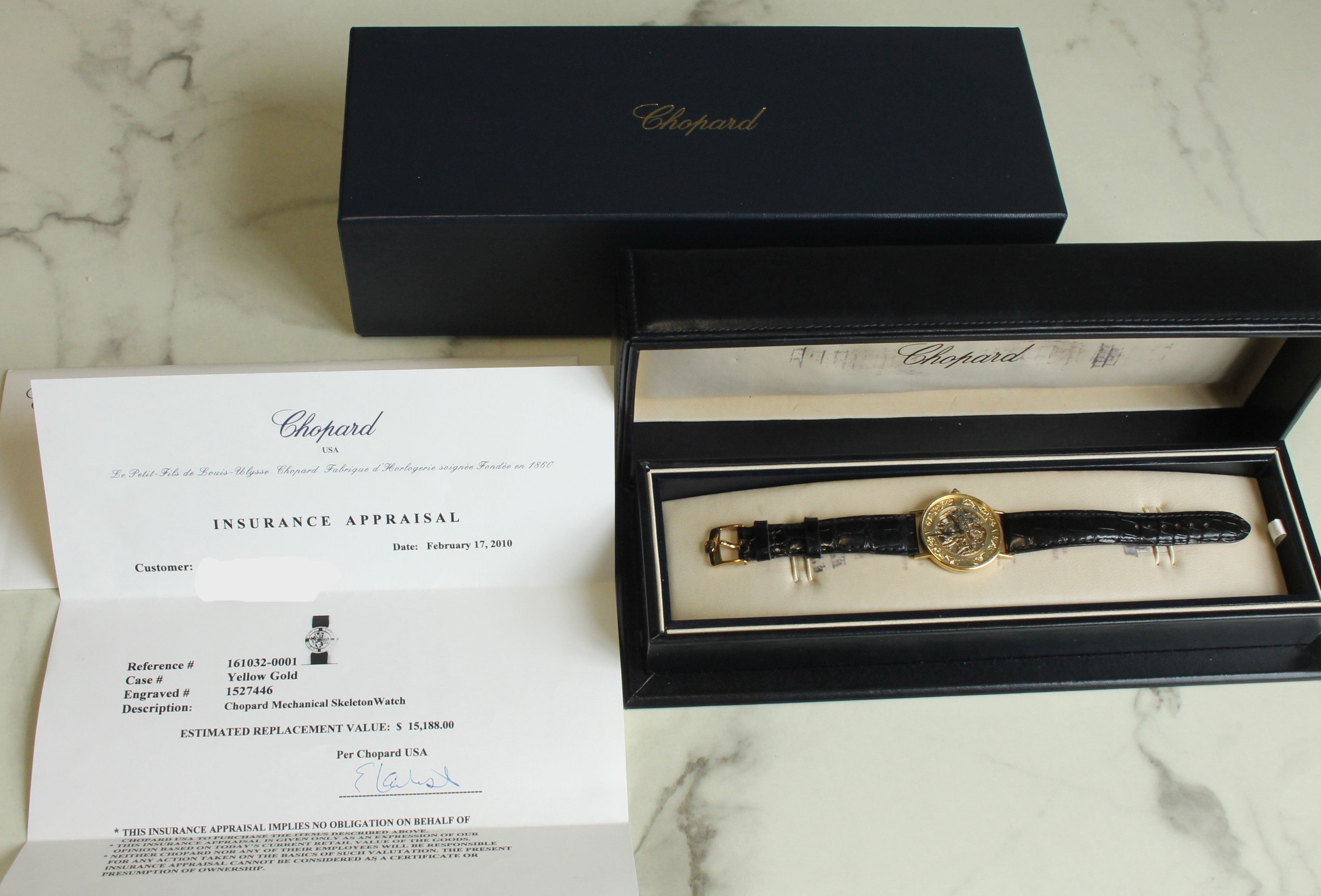 Gray Vintage Chopard 18k Yellow Gold Skeleton Watch ref.161032 w Box & Band Very Rare