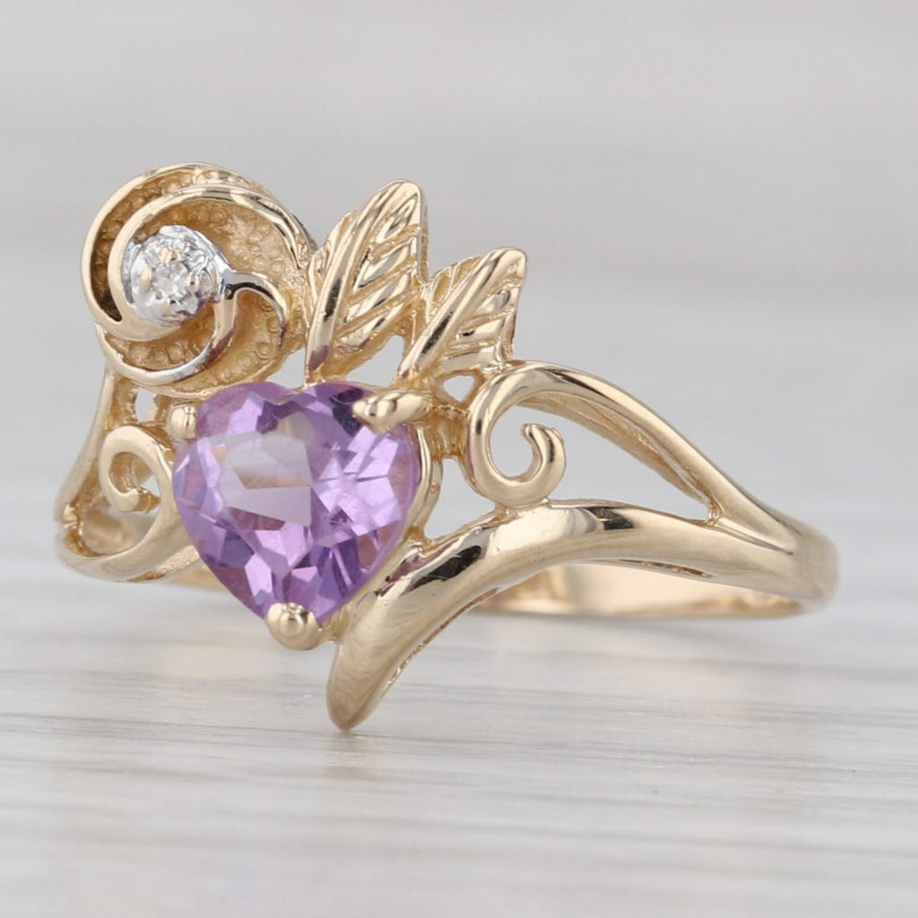 Gray 0.70ctw Amethyst Heart Flower Ring 14k Yellow Gold Size 7 Diamond Accent