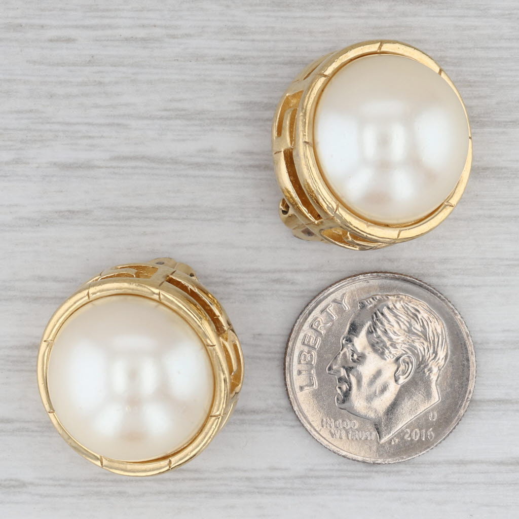 Gray Givenchy Imitation Mabe Pearl Earrings Clip On Studs Gold Toned