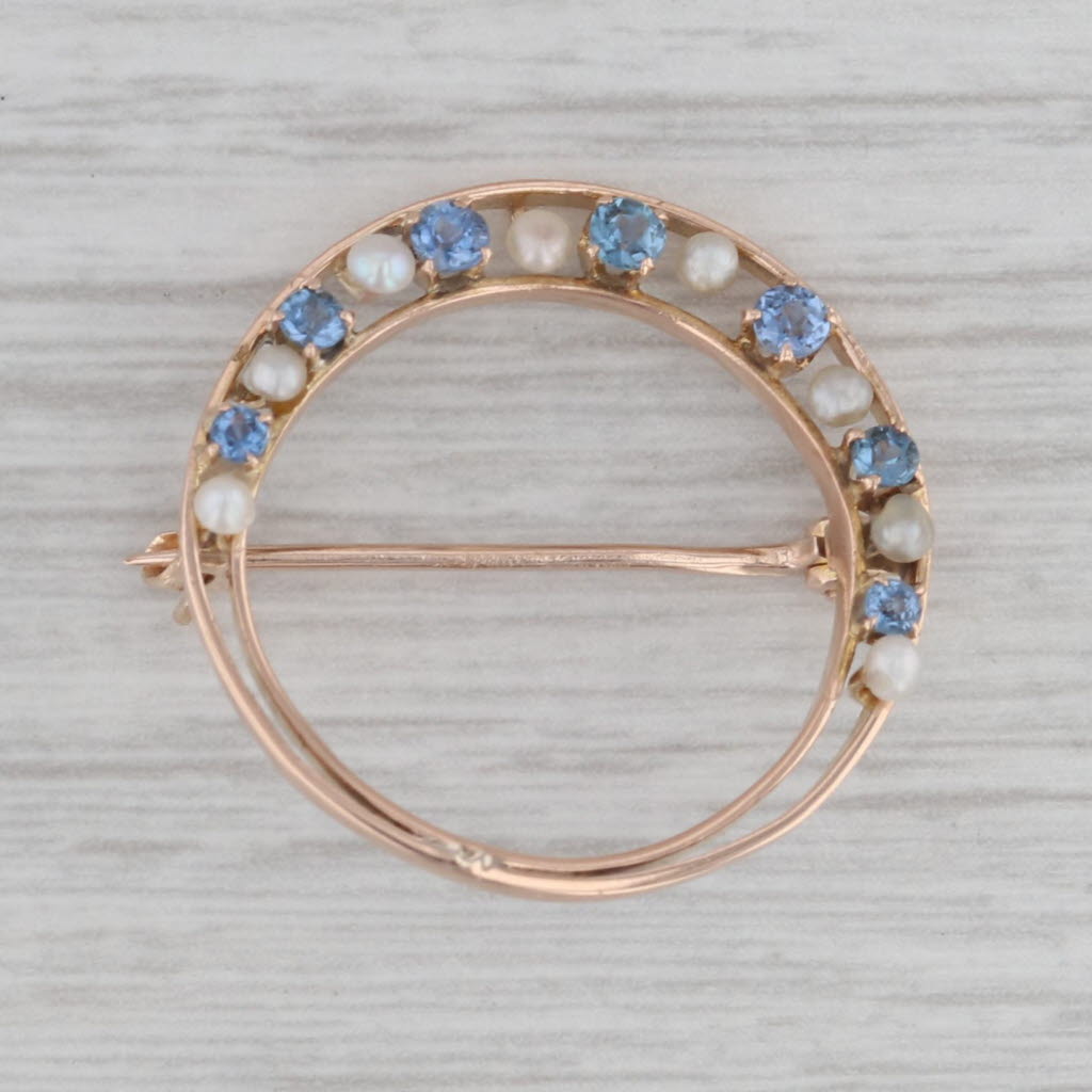 Gray Vintage 0.36ctw Sapphire Pearl Crescent Moon Brooch 10K Yellow Gold Pin