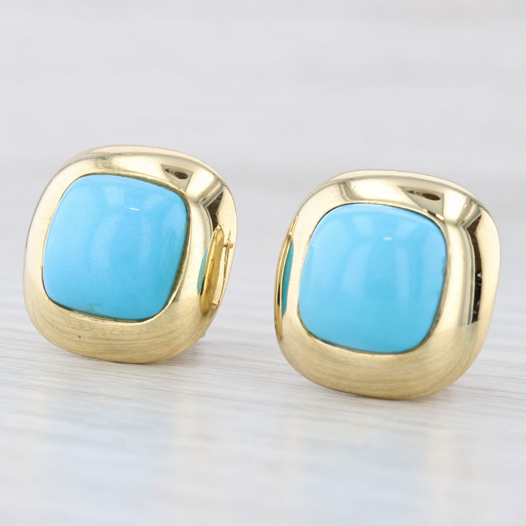Light Gray Italian Turquoise Cabochon Earrings 18k Yellow Gold Omega Back Drops