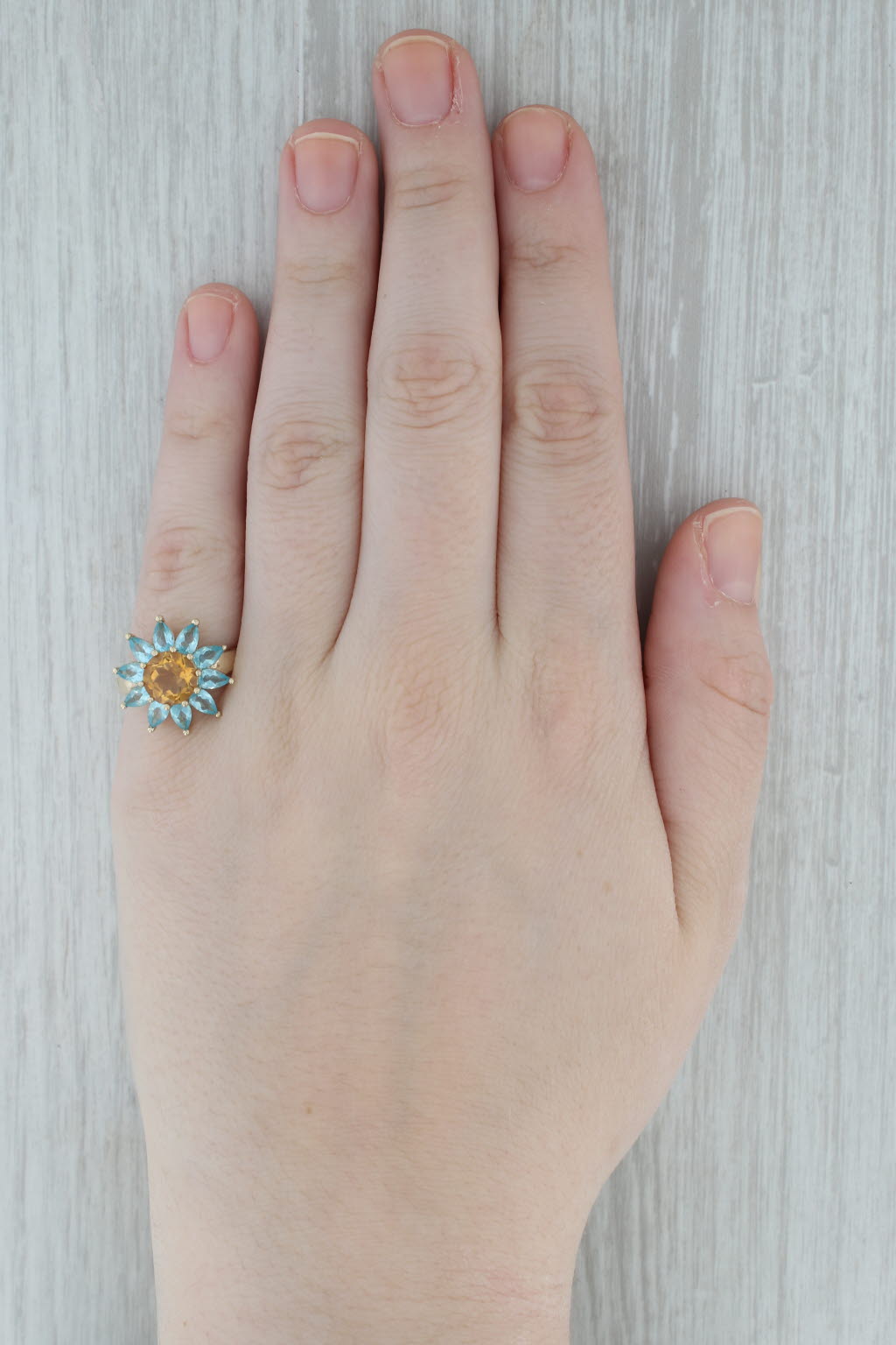 Dark Gray 3.46ctw Blue Apatite Orange Citrine Flower Ring 10k Yellow Gold Size 7 Cocktail