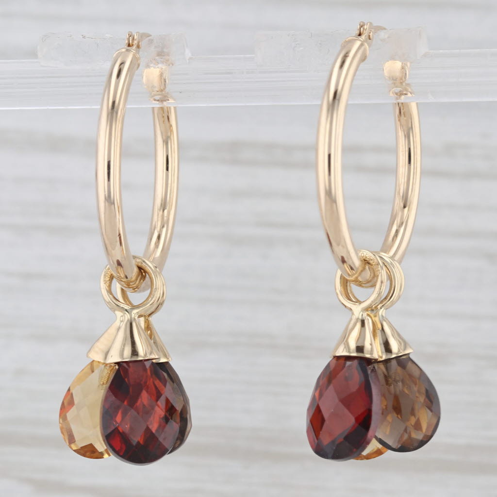 Light Gray 7.70ctw Citrine Quartz Garnet Briolette Dangle Hoop Earrings 14k Yellow Gold