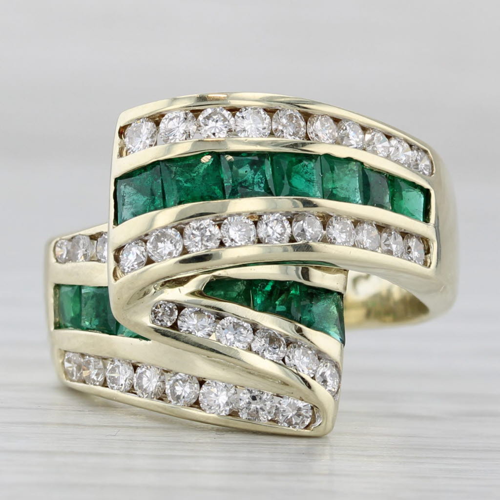Light Gray 2.39ctw Emerald Diamond Bypass Cocktail Ring 14k Yellow Gold Size 6