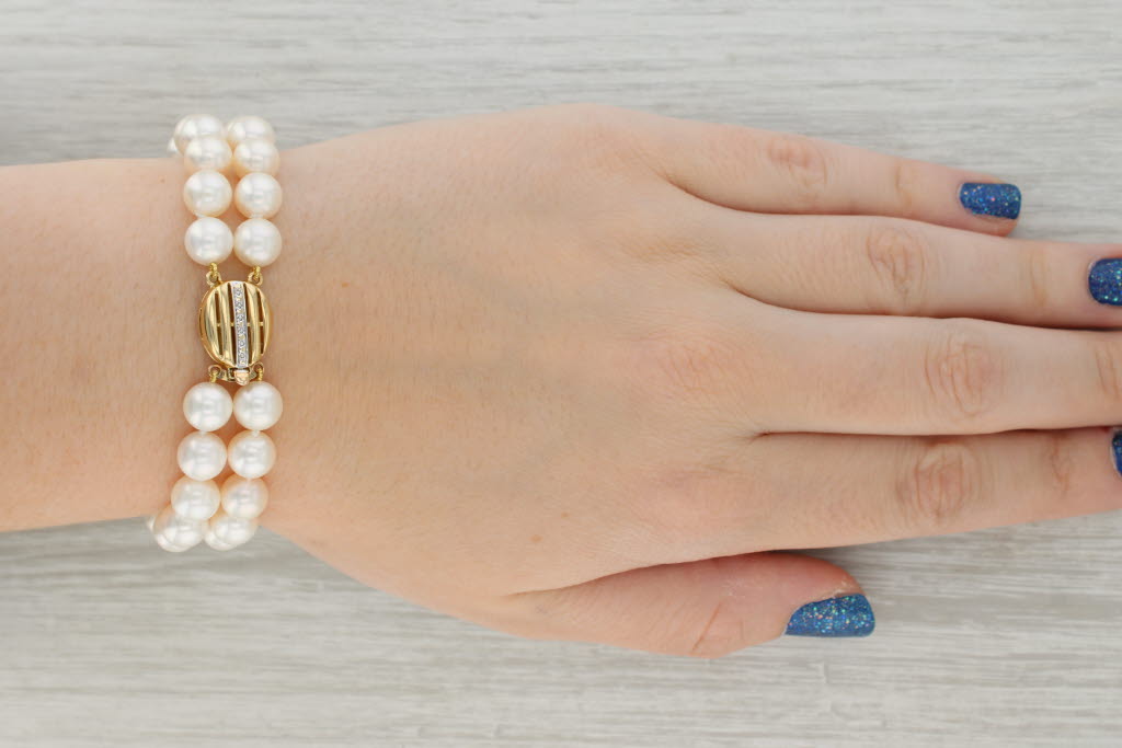 Tan Double Cultured Pearl Bead Strand Bracelet 14k Gold Clasp 7.25"