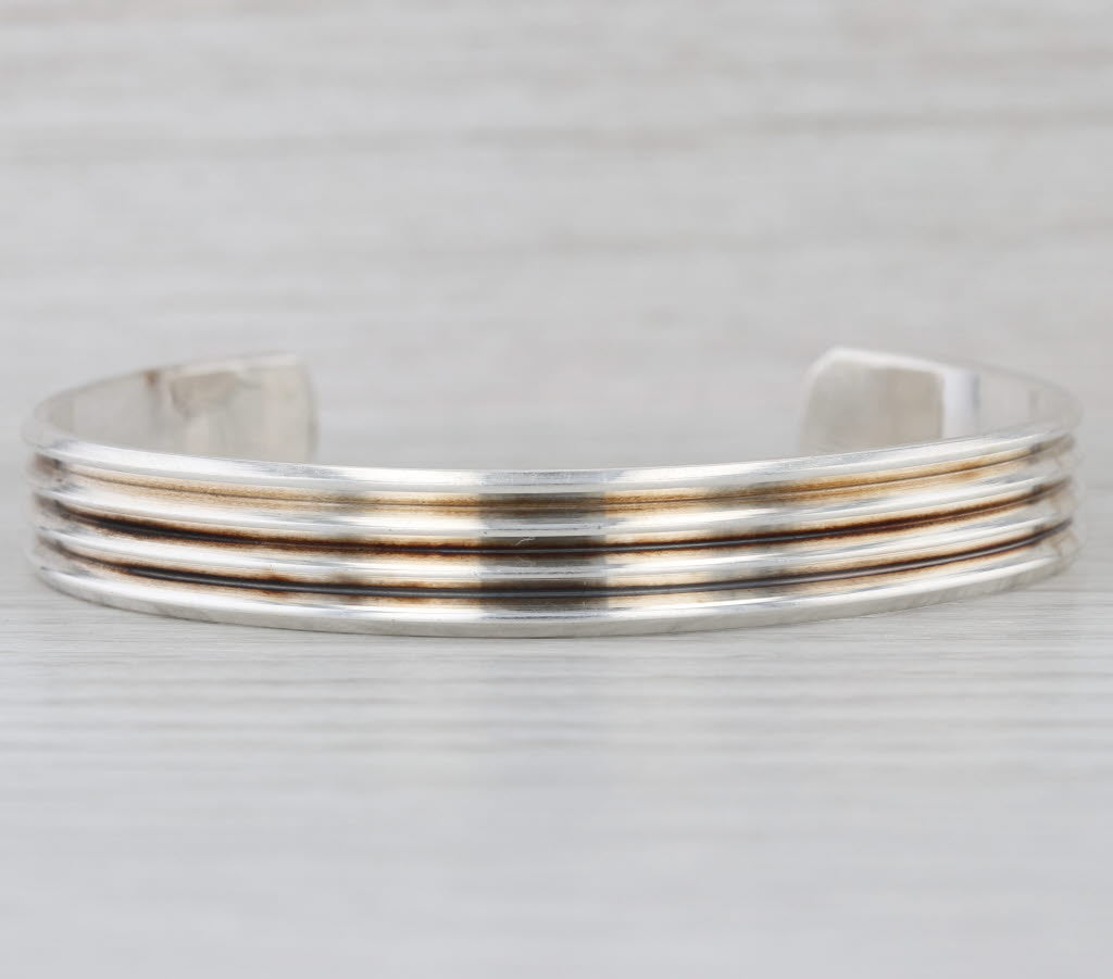 Vintage Beveled Ridged Cuff Bracelet Sterling Silver 7.25" 10.2mm