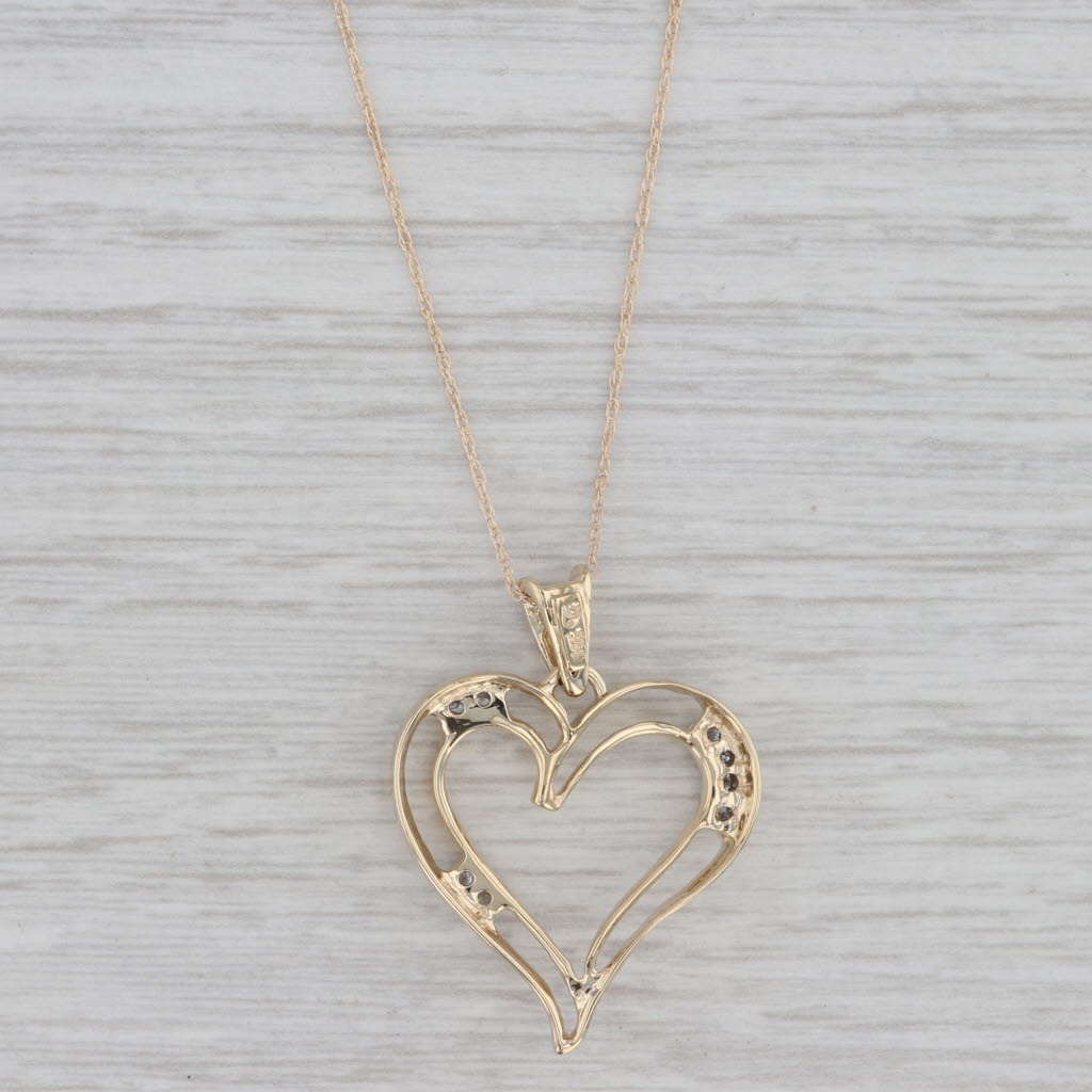 Gray 0.15ctw Diamond Open Heart Pendant Necklace 14k Yellow Gold 18" Rope Chain