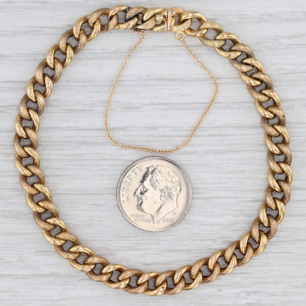 Light Gray Antique Curb Chain Bracelet 22k Yellow Gold 7.25" 5.7mm Box Clasp Safety Chain
