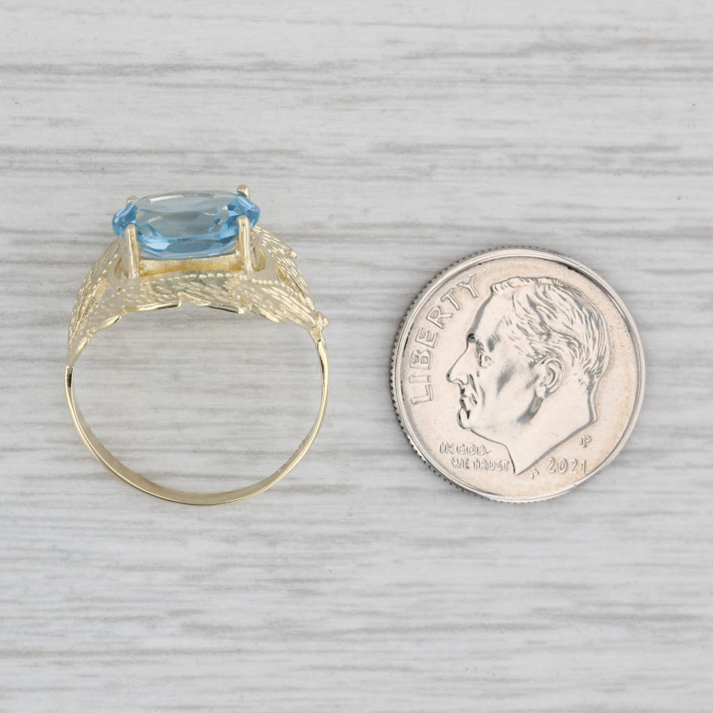 Light Gray Vintage Lab Created Blue Spinel Floral Ring 10k Gold Size 6.5 Oval Solitaire