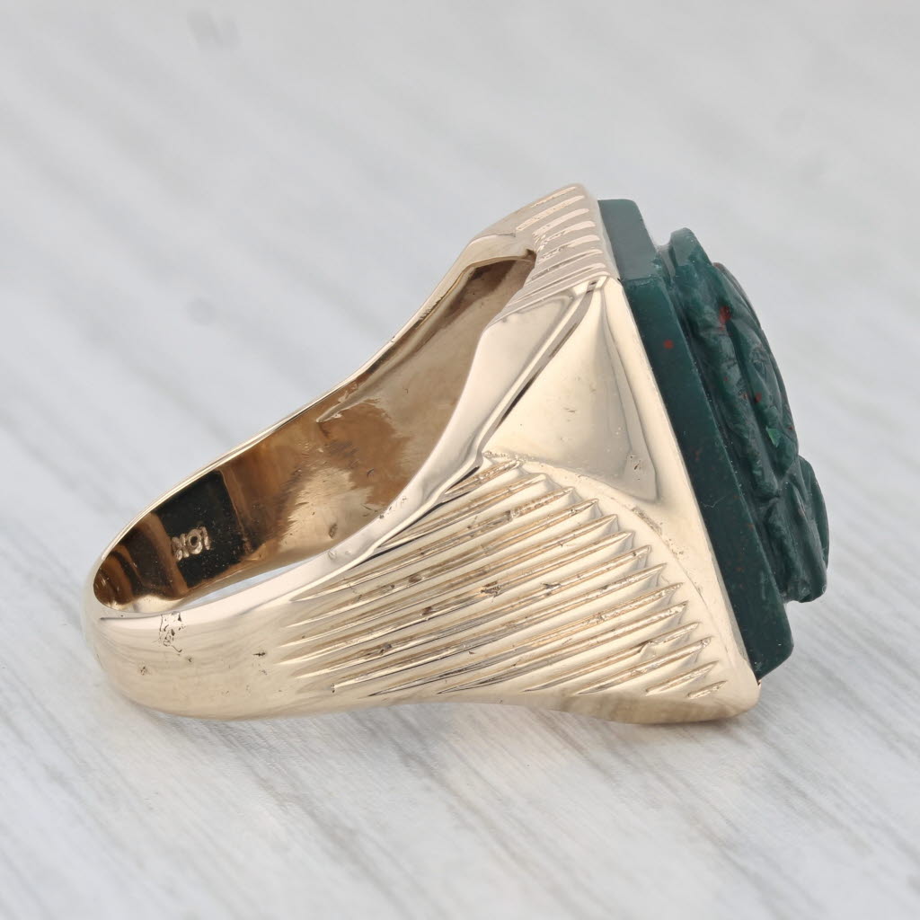 Light Gray Vintage Bloodstone Carved Soldier Cameo Ring 10k Yellow Gold Size 8.5