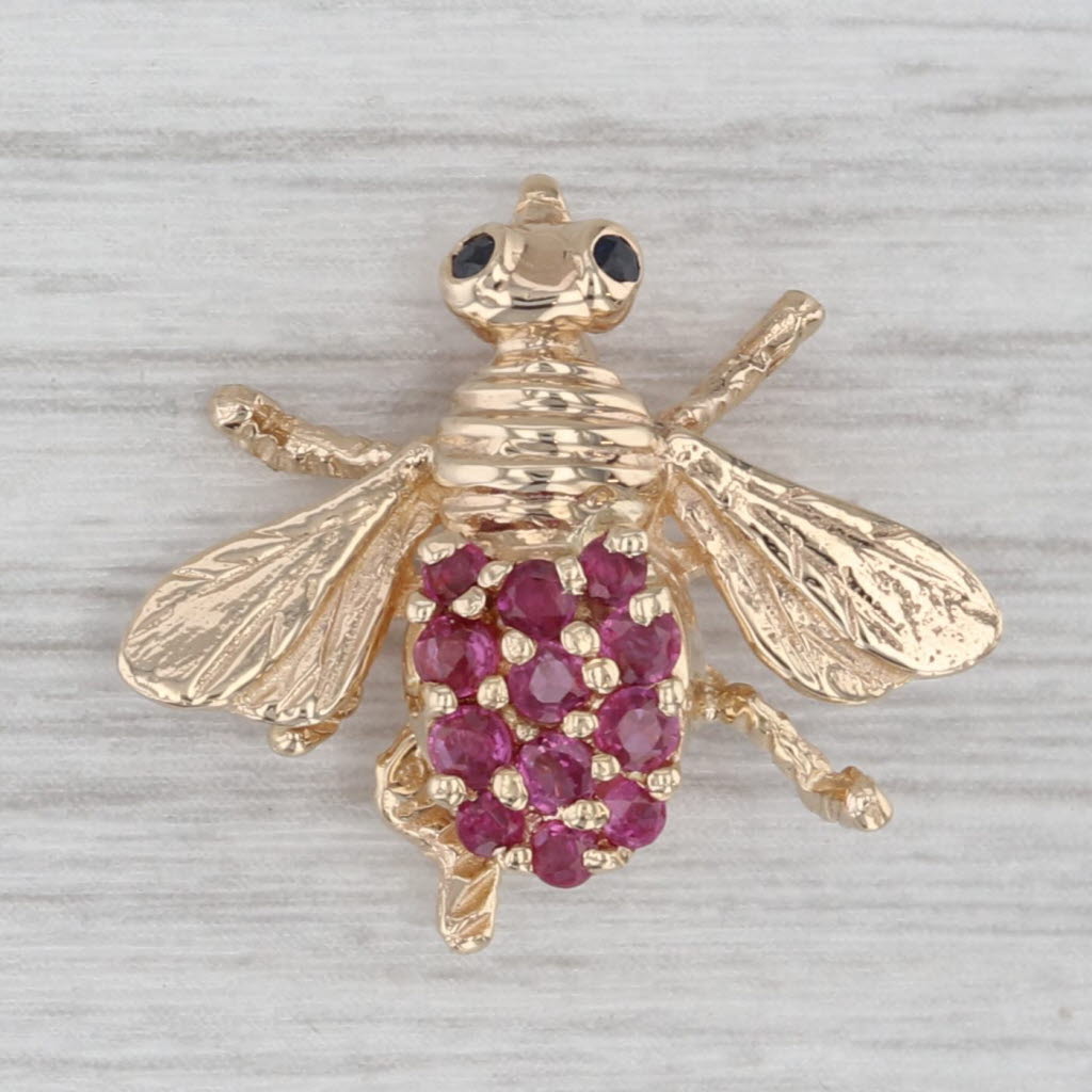 Gray 0.58ctw Ruby Sapphire Bee Pin 14k Yellow Gold Brooch Insect Jewelry