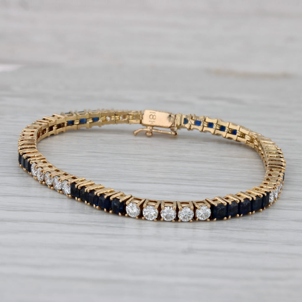 Gray 5.05ctw Blue Sapphire White Diamond Tennis Bracelet 18k Yellow Gold 6"