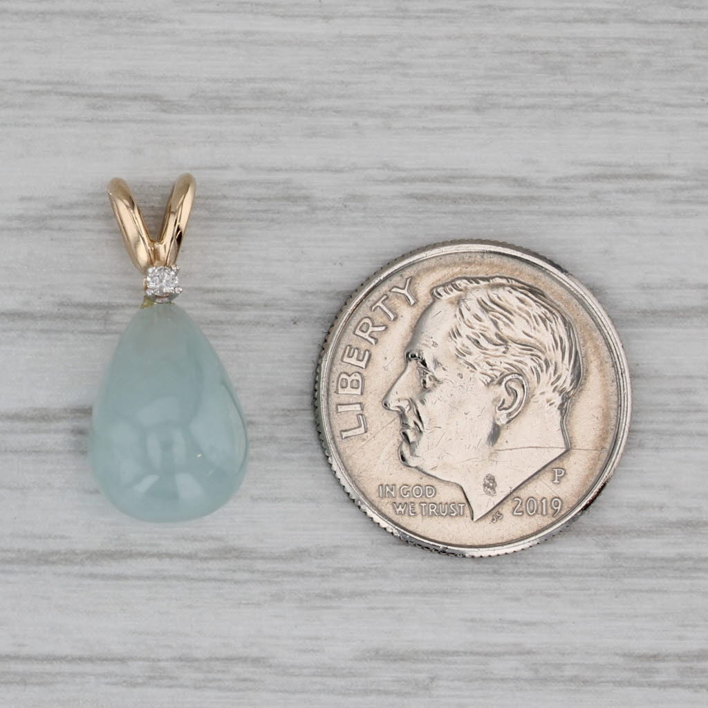 Gray Green Jadeite Jade Teardrop Pendant 14k Yellow Gold Diamond Accent