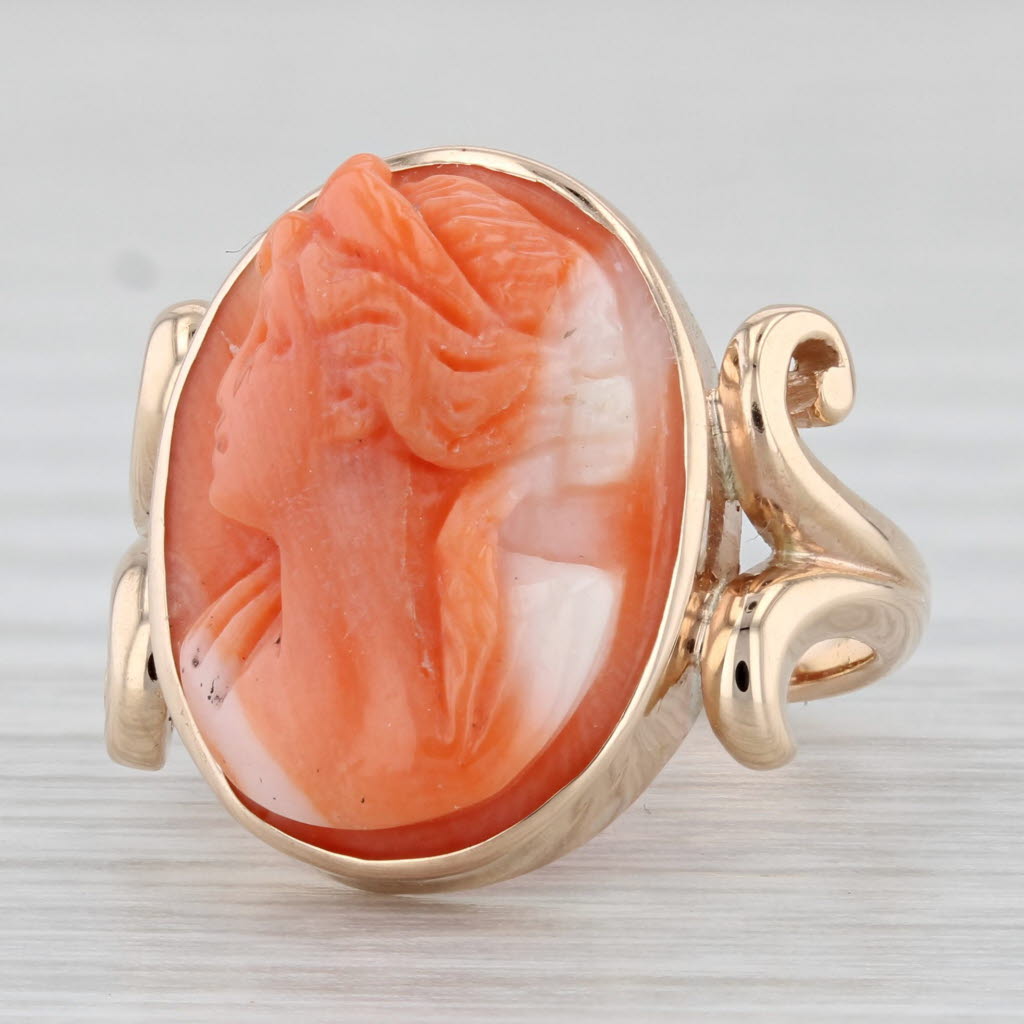 Light Gray Antique Coral Cameo Ring 10k Yellow Gold Size 3.75 Figural
