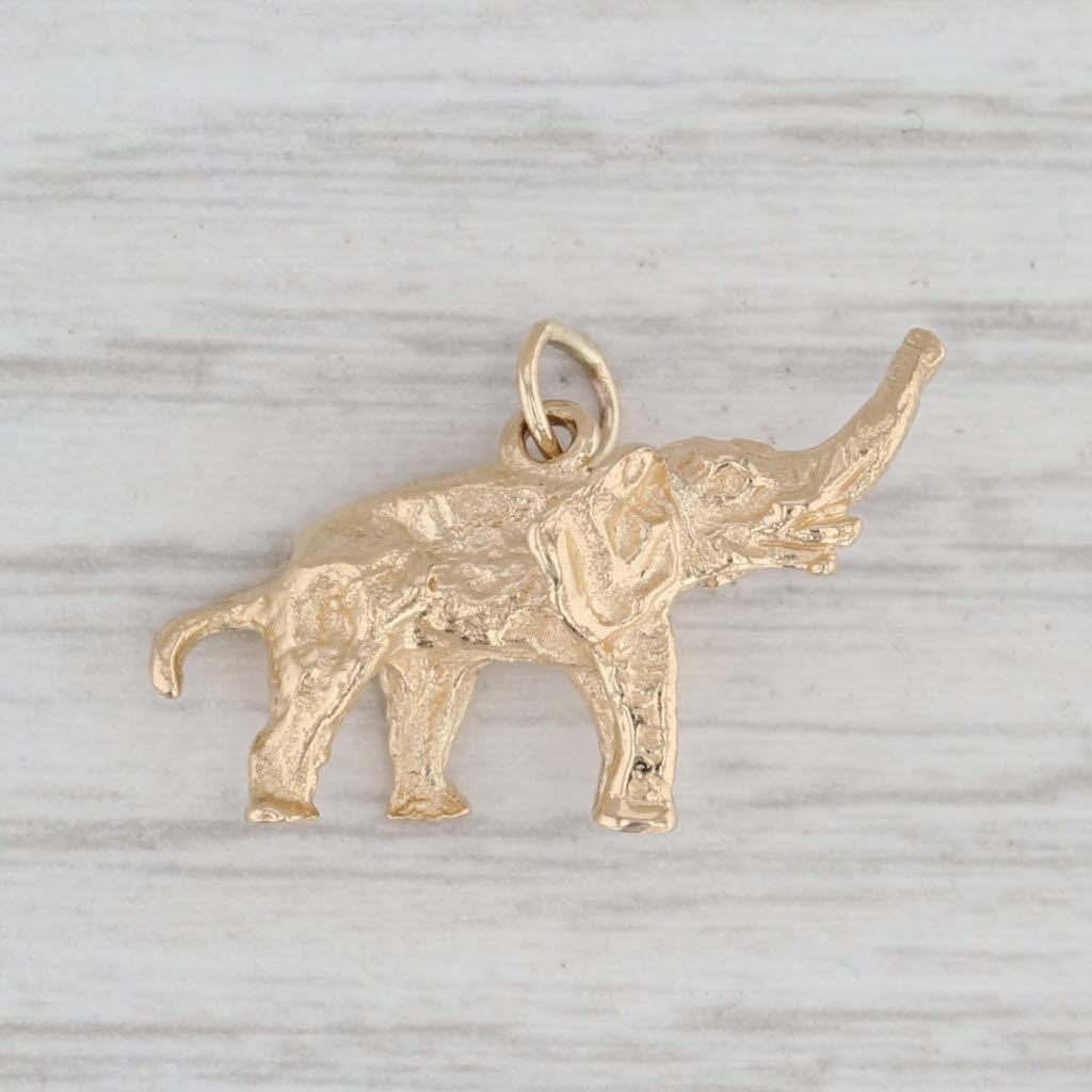 Gray Elephant Raised Trunk Charm 14k Yellow Gold Small Drop Good Luck Animal Jewelry