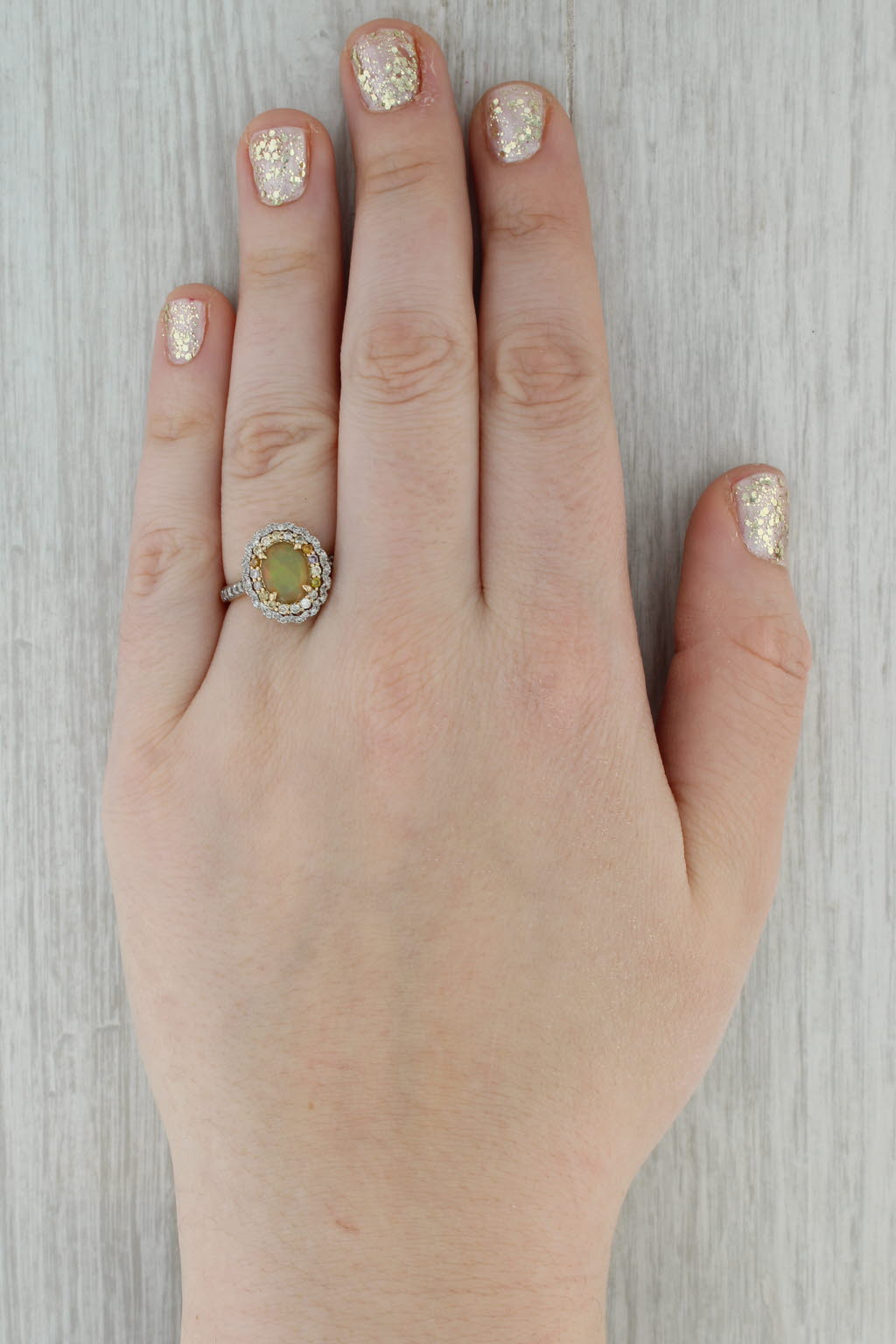 Dark Gray Colorful Opal Diamond Halo Ring 14k Yellow Gold Size 8.25