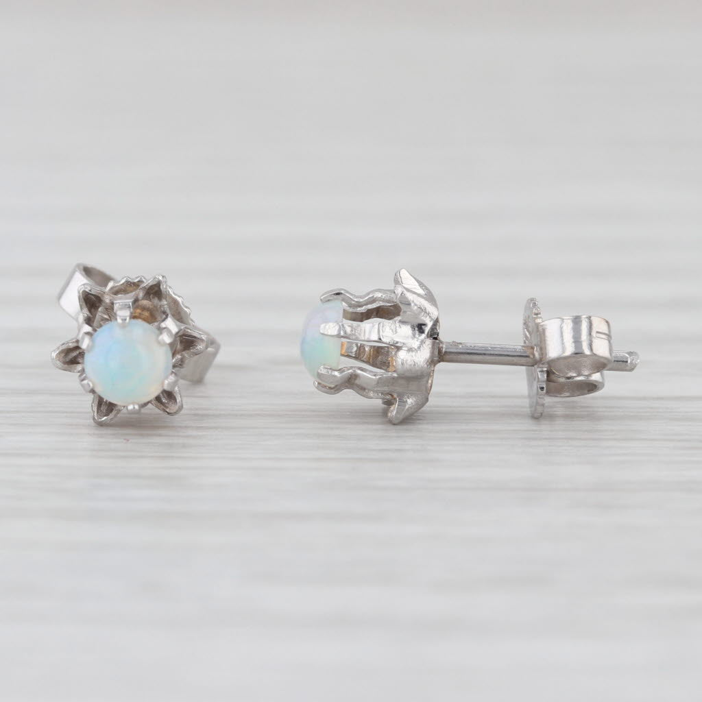 Vintage Opal Stud Earrings 14k White Gold Round Cabochon Studs