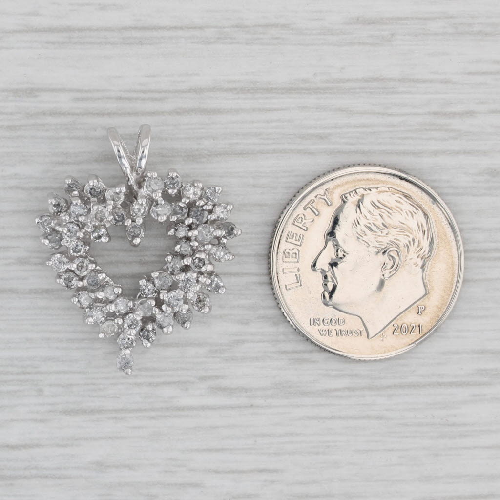 Gray 0.85ctw Diamond Cluster Open Heart Pendant 10k White Gold