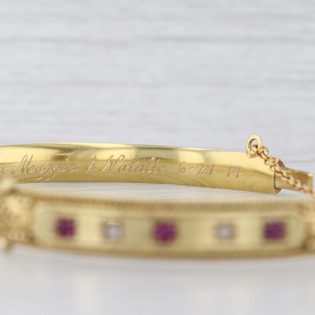 Light Gray Antique Ruby Diamond Ornate Bangle Bracelet 15k Yellow Gold 6.75" Engraved