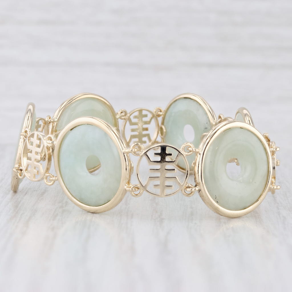 Light Gray Jadeite Jade Hololith Chinese Character Circle Link Bracelet 14k Gold 7.25"