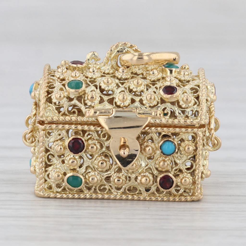 Gray Etruscan Style Gemstone Treasure Chest Charm 800 Gold Pendant Garnet Turquoise