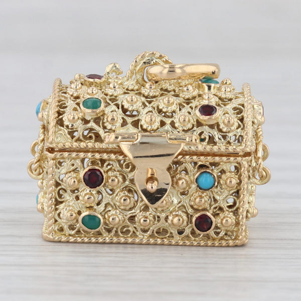 Etruscan Style Gemstone Treasure Chest Charm 800 Gold Pendant Garnet Turquoise