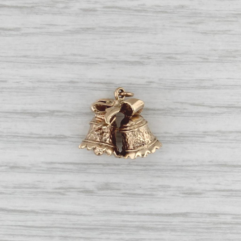 Wedding Bells Charm 9k Yellow Gold 3D Pendant Rings Moves Vintage Bridal