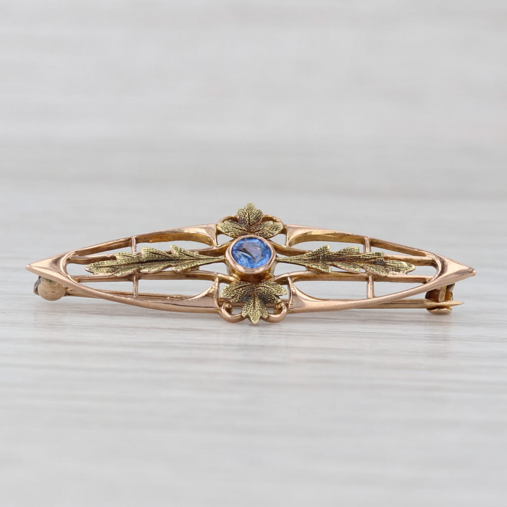 Light Gray Vintage Blue Garnet Floral Brooch 10k Green Yellow Gold Pin