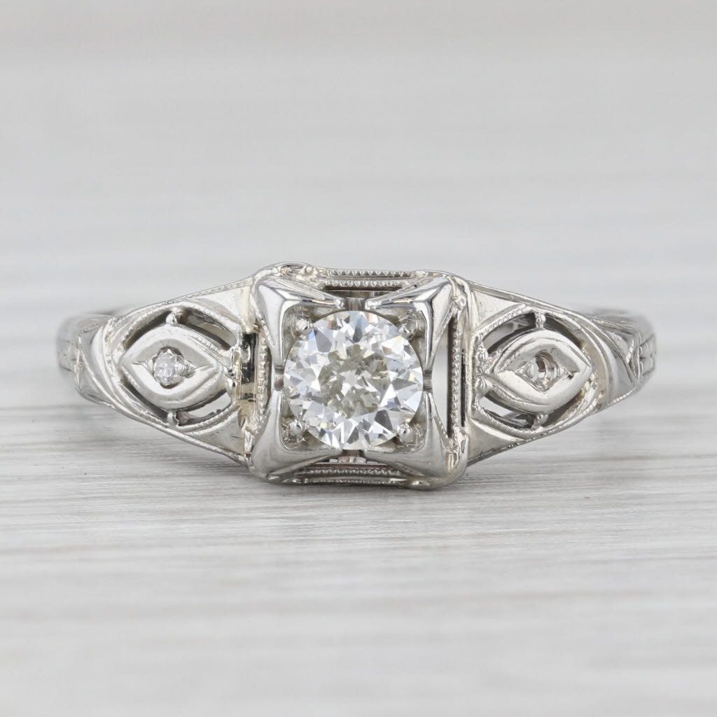 Light Gray Art Deco 0.45ct Old European Diamond Solitaire Engagement Ring 18k White Gold