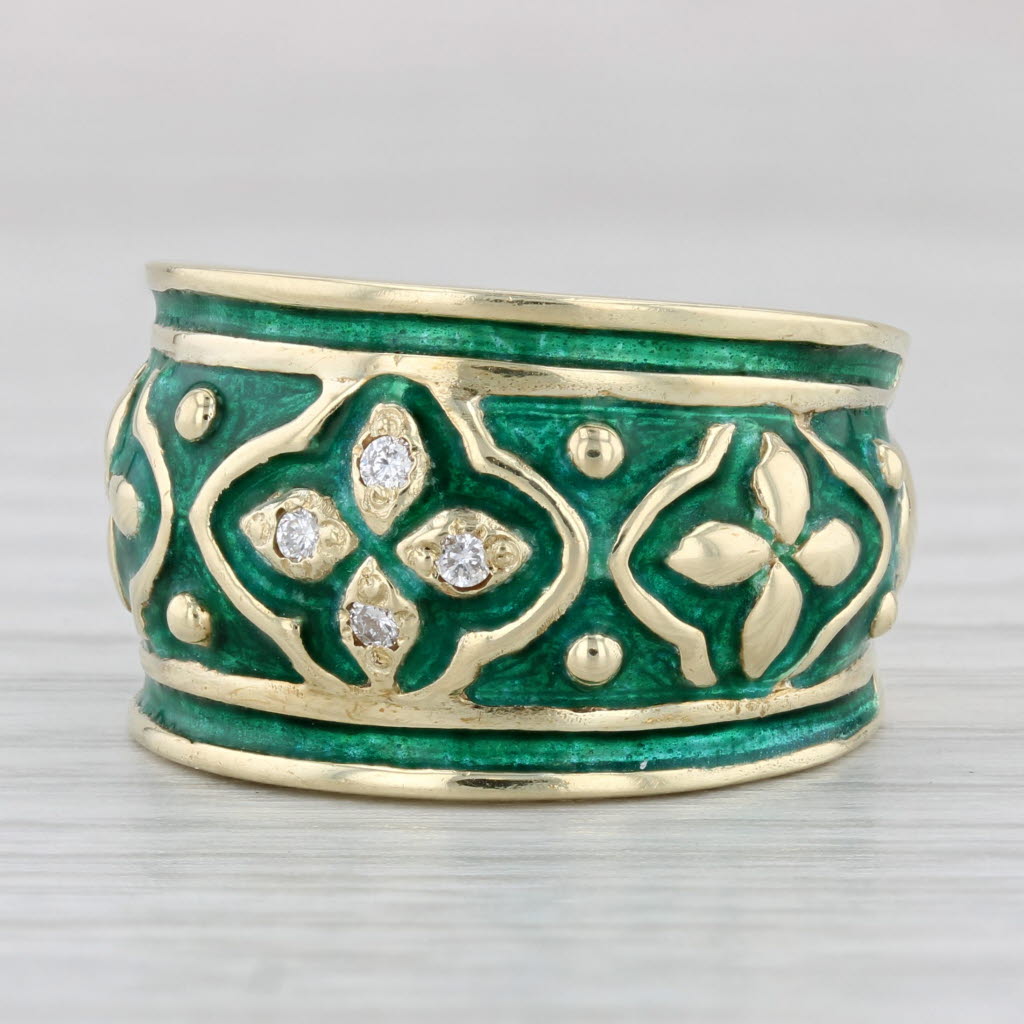 Light Gray Diamond Green Enamel Flower Ring 14k Yellow Gold Size 6.5 Floral Statement Band