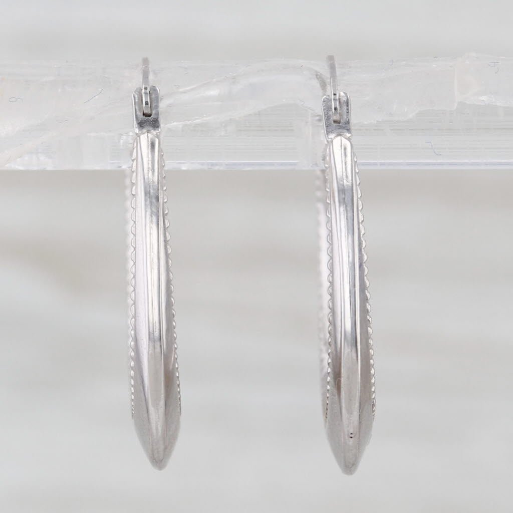 Round Bead Accented Hoop Earrings 10k White Gold Snap Top Hoops