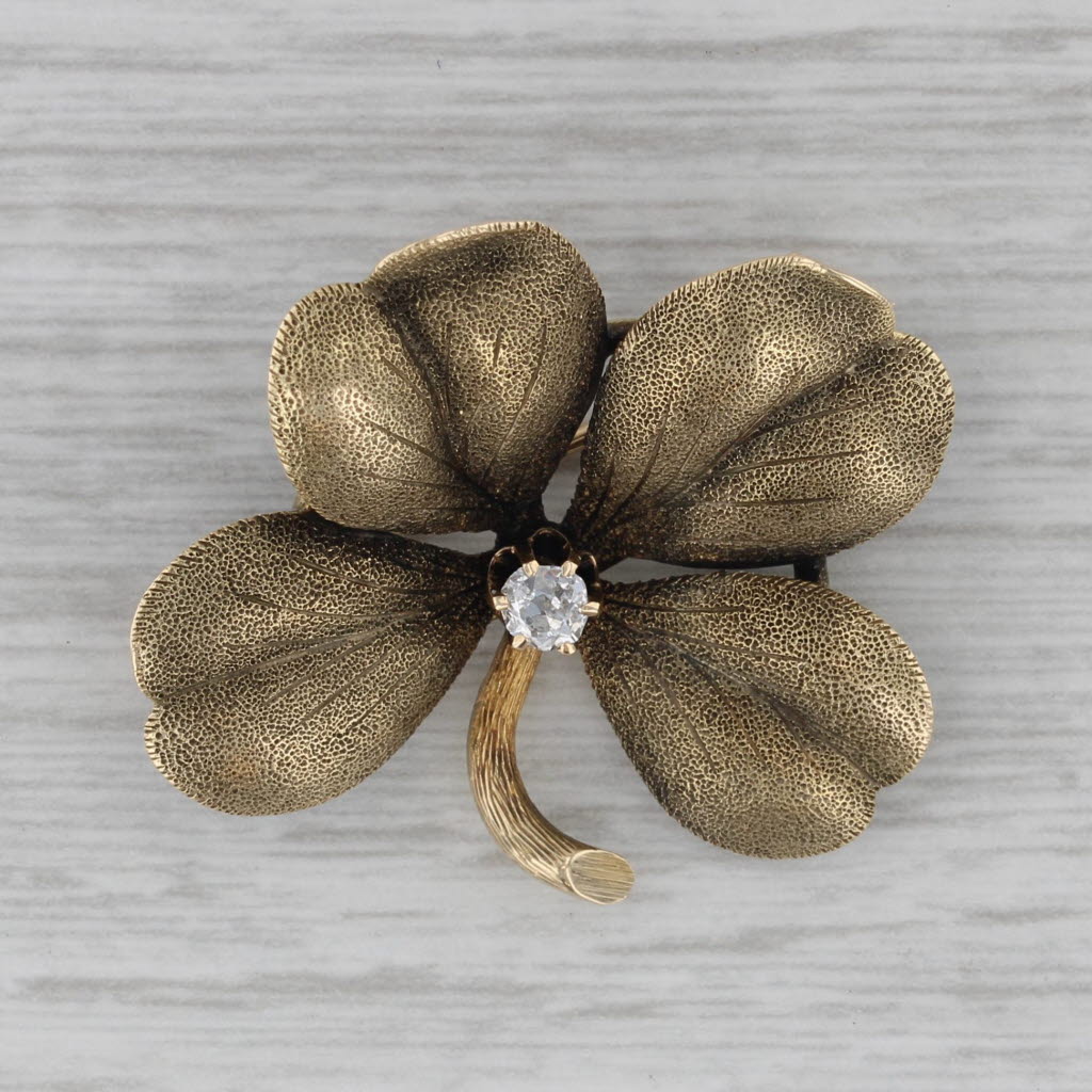 Gray Vintage 0.11ct Diamond Solitaire Shamrock Brooch 14k Gold Four Leaf Clover