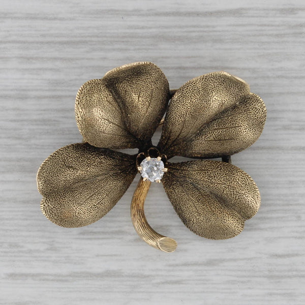 Vintage 0.11ct Diamond Solitaire Shamrock Brooch 14k Gold Four Leaf Clover