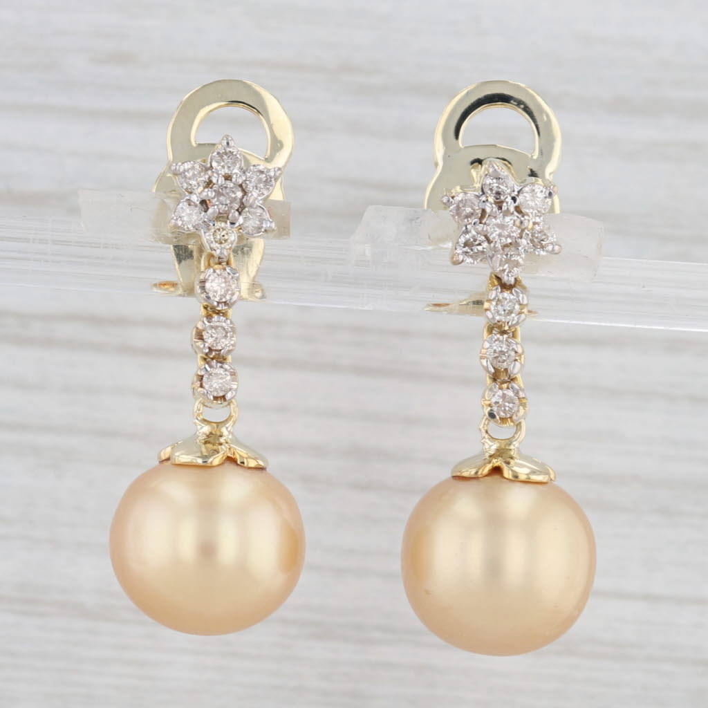 Light Gray 0.38ctw Diamond Cultured Golden Pearl Dangle Earrings 14k Yellow Gold