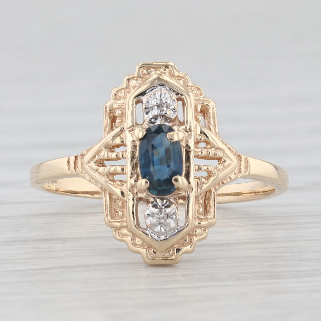 Light Gray Vintage Blue Sapphire Diamond Ring 10k Yellow Gold Size 6.25
