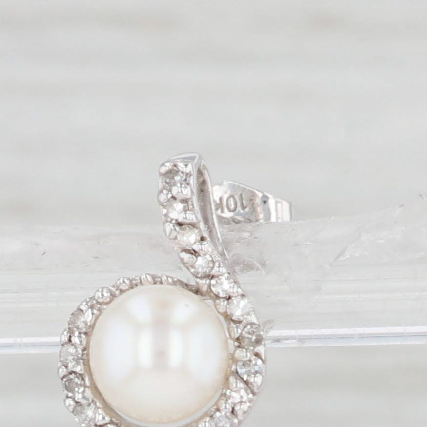 Light Gray Cultured Pearl Diamond Halo Stud Earrings 10k White Gold Pierced Studs