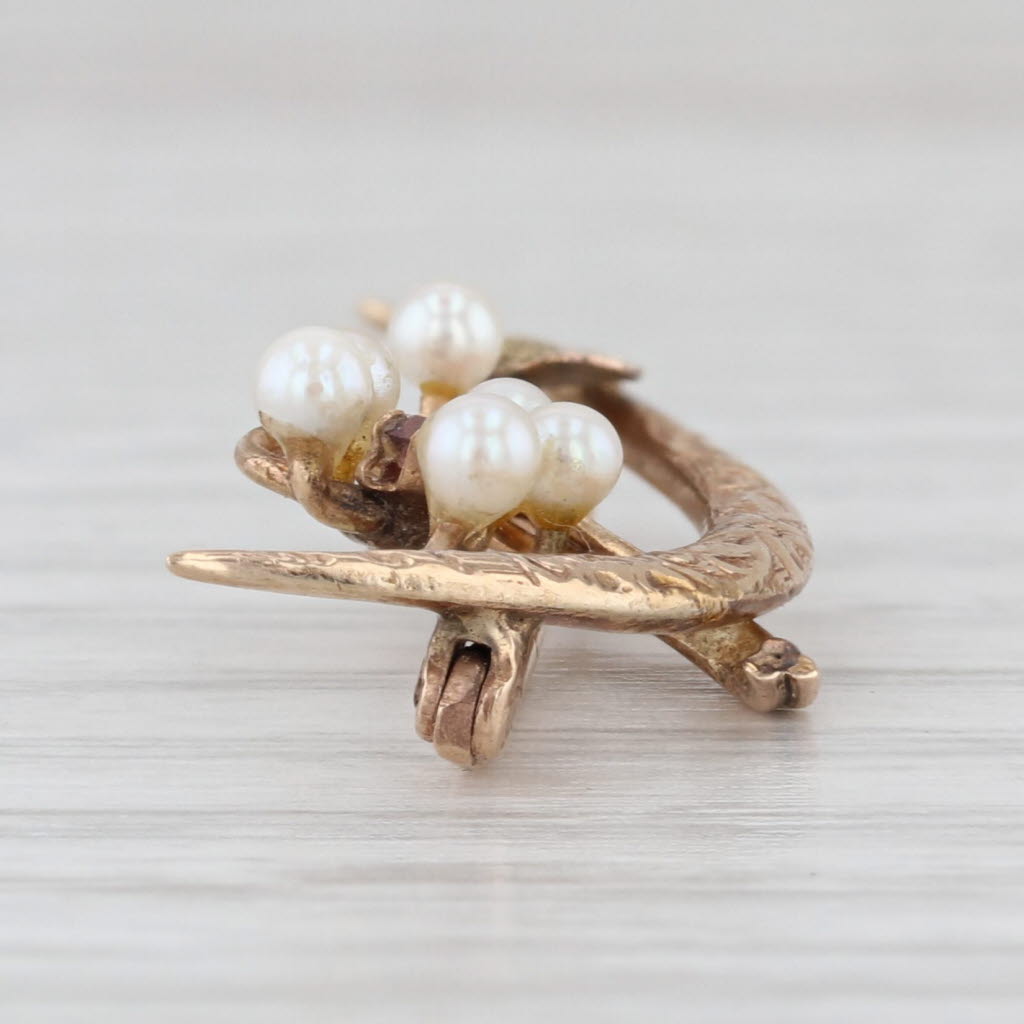 Antique Seed Pearl Glass Flower Crescent Pin 10k Yellow Gold Ornate Engraved