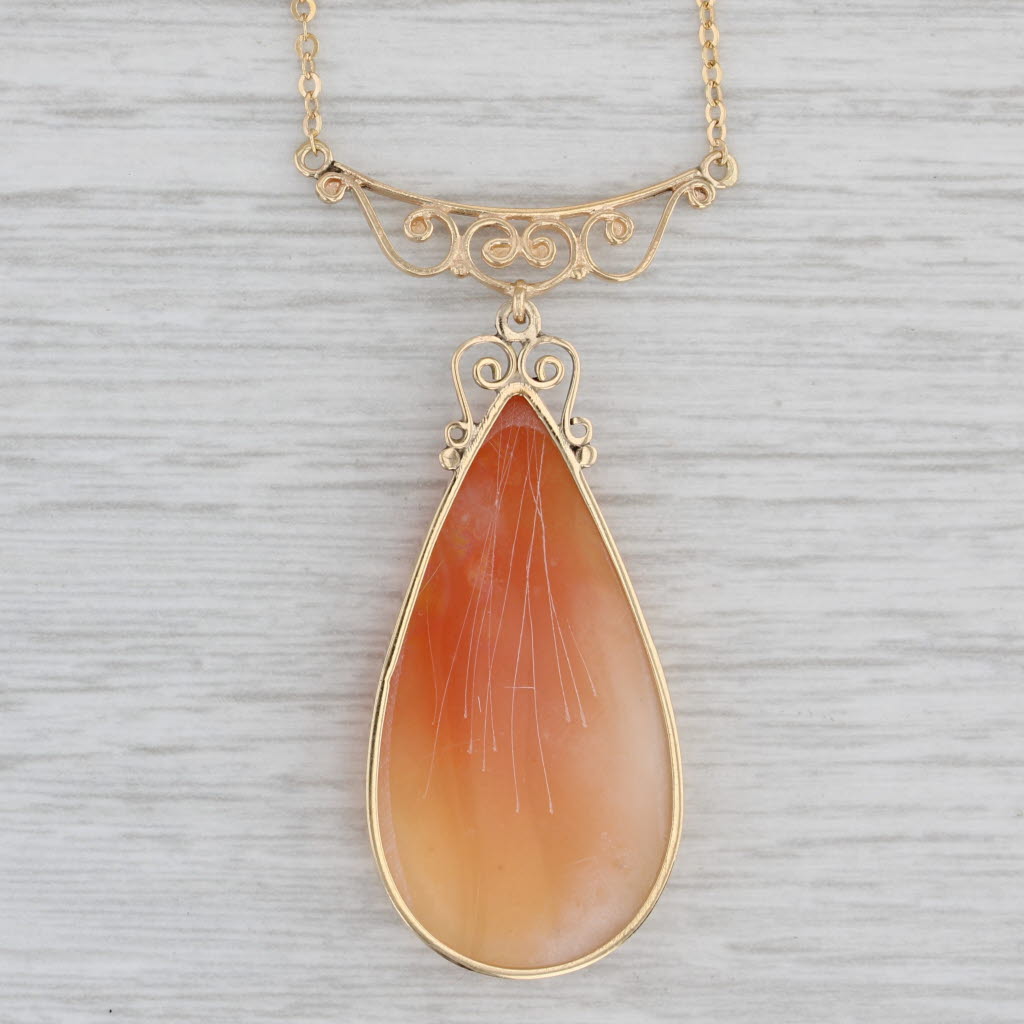 Gray Carved Shell Cameo Teardrop Pendant Necklace 14k Yellow Gold 16.5" Cable Chain