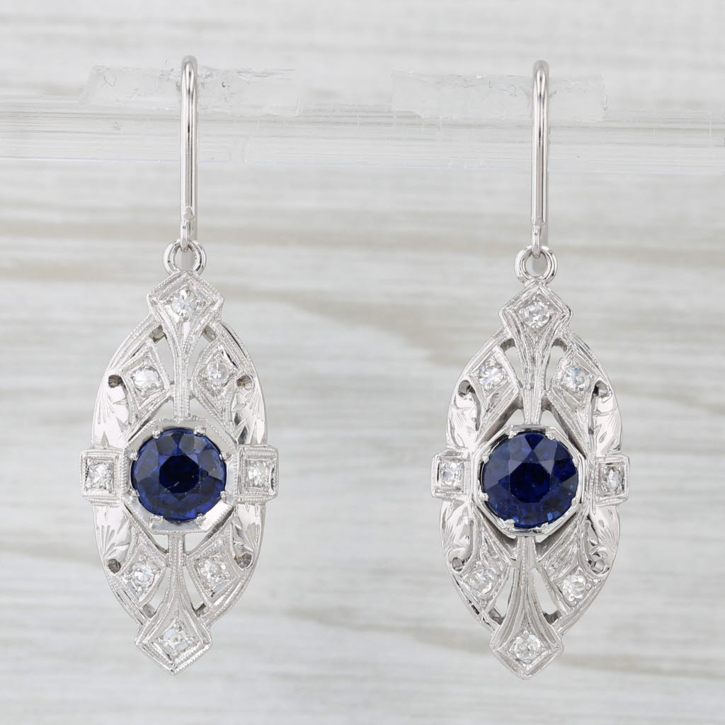 Light Gray Vintage 2.59ctw Blue Lab Created Sapphire Diamond Dangle Earrings 18k White Gold