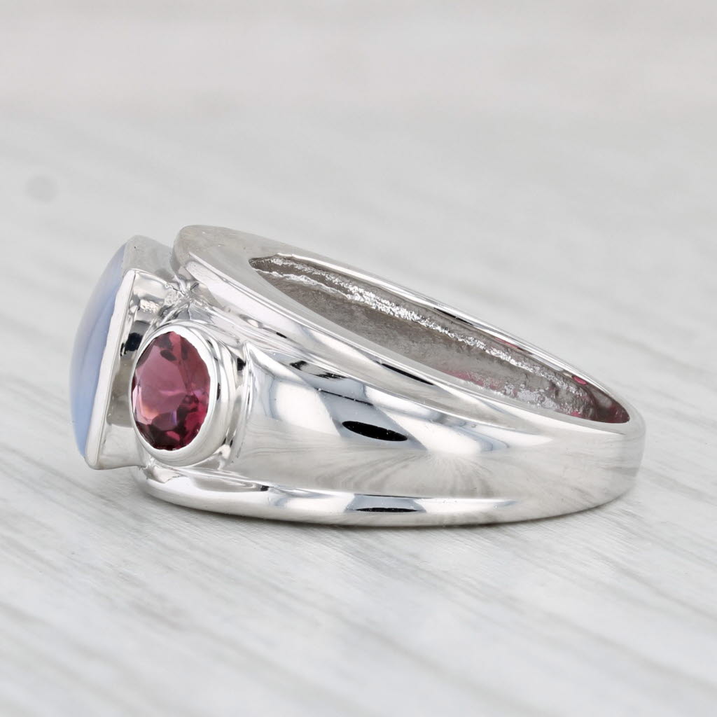 Light Gray Blue Chalcedony Pink Tourmaline Ring 14k White Gold Size 6.75