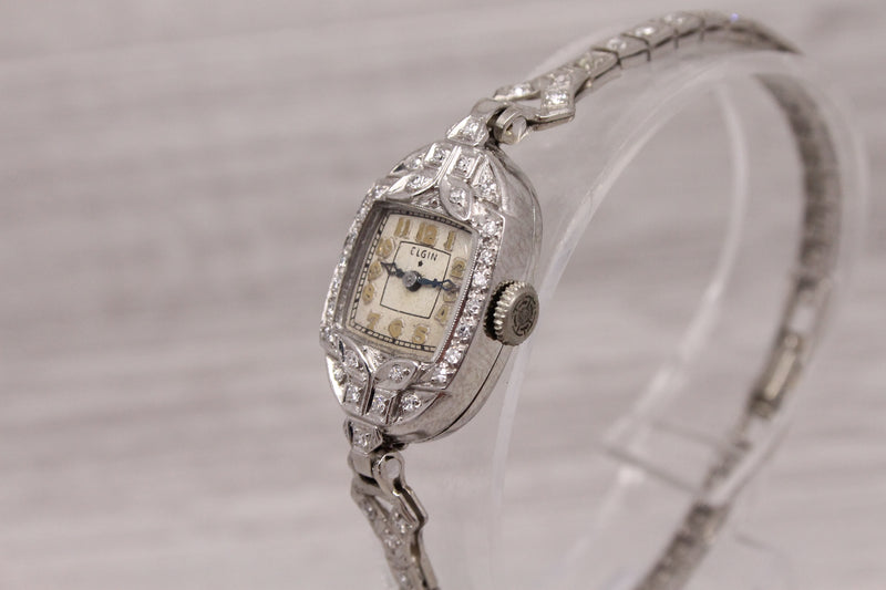 Antique Elgin Ladies Platinum & 14k Diamond Cocktail Watch 0.65ctw SERVICED