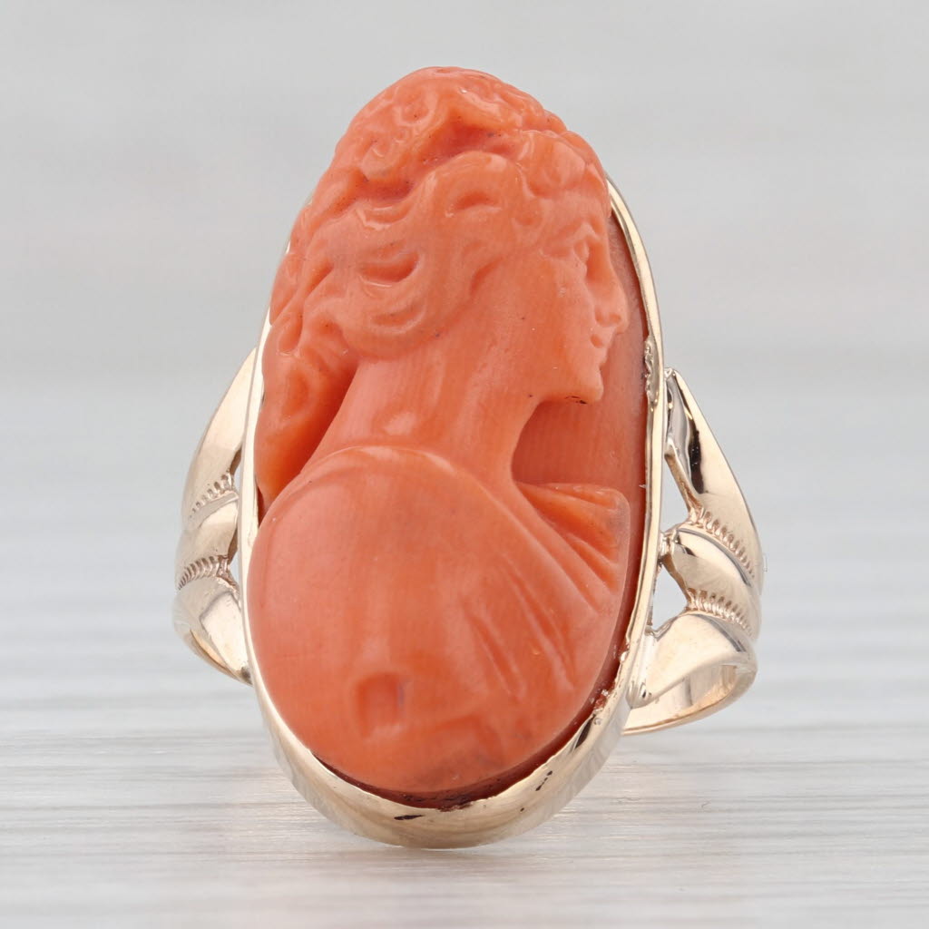 Light Gray Vintage Coral Cameo Ring 10k Rose Gold Size 6 Figural Carved Oval