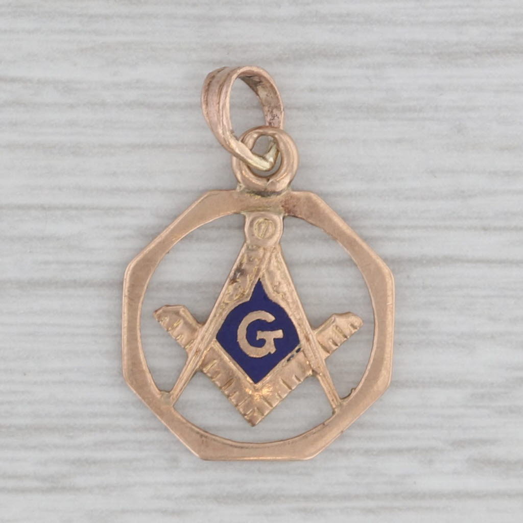 Gray Vintage Masonic Pendant 10k Yellow Gold Charm Square Compass Blue Lodge