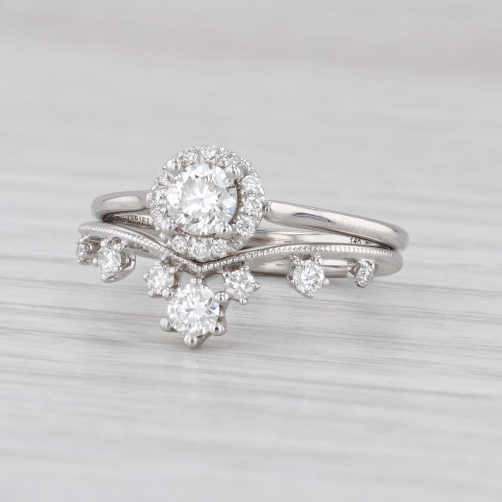 Gabriel & Co Diamond Halo Engagement Ring Wedding Band Bridal Set 14k White Gold