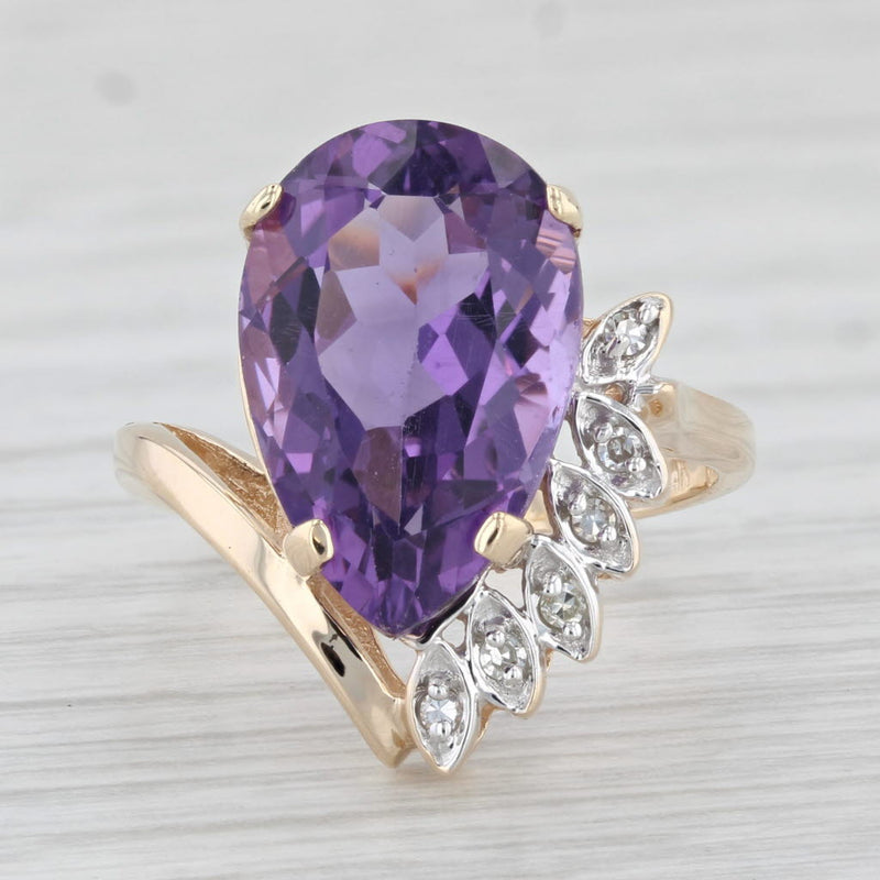13.36ctw Pear Amethyst Diamond Ring 14k Yellow Gold Size 6.25 Bypass