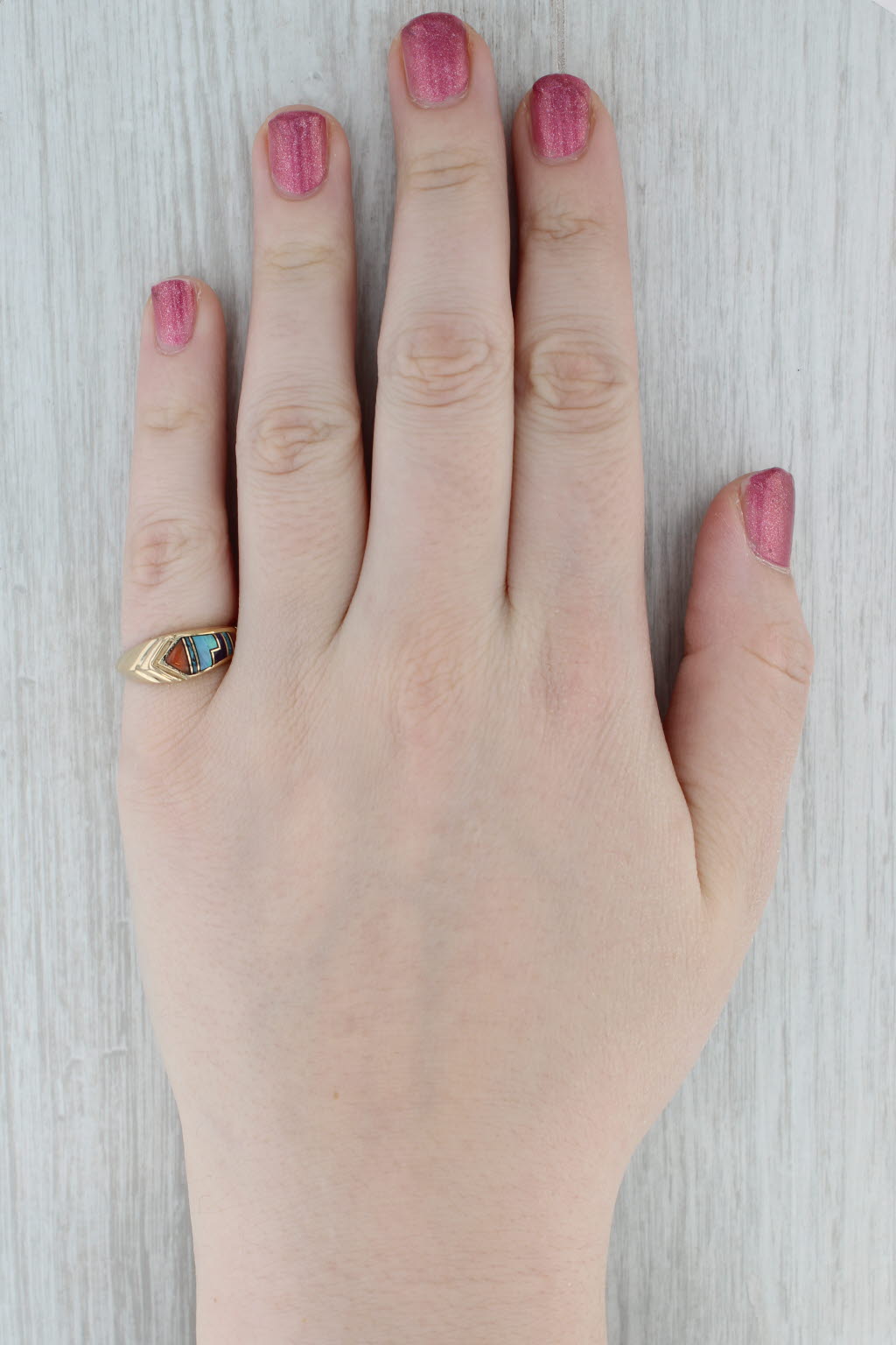 Gray Stone Mosaic Ring 14k Yellow Gold Size 6.75 Coral Turquoise Opal Sugilite Resin