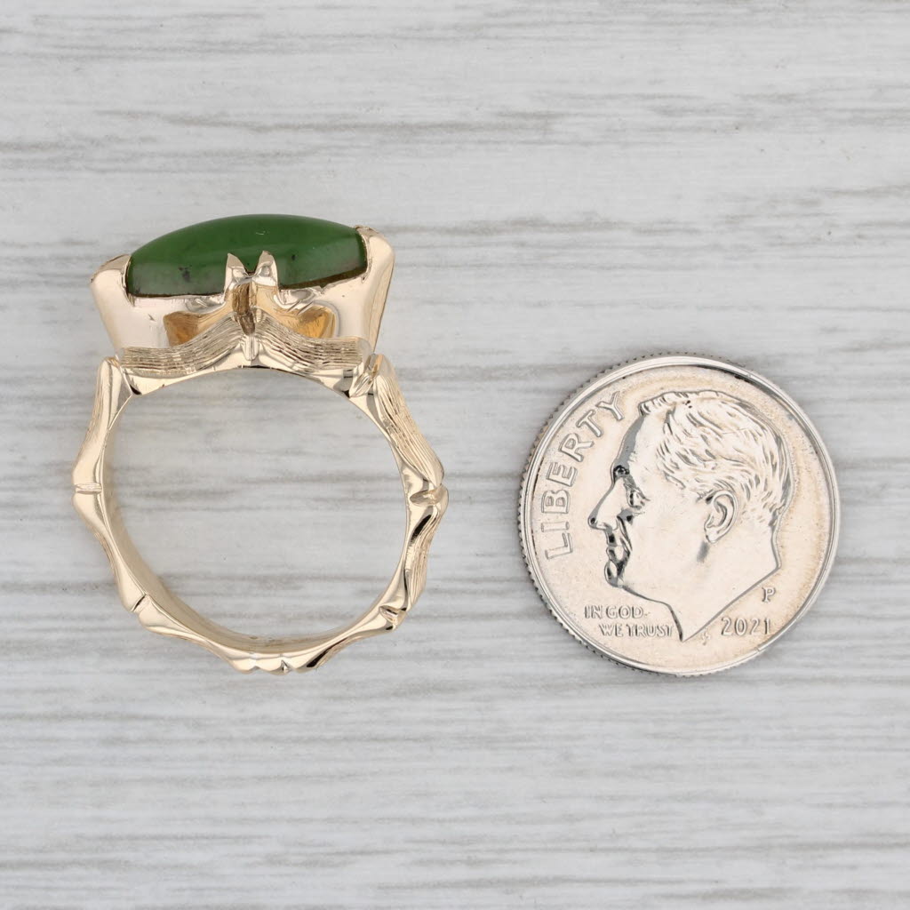 Gray Marquise Green Nephrite Jade Bamboo Ring 10k Yellow Gold Bypass Size 6.25