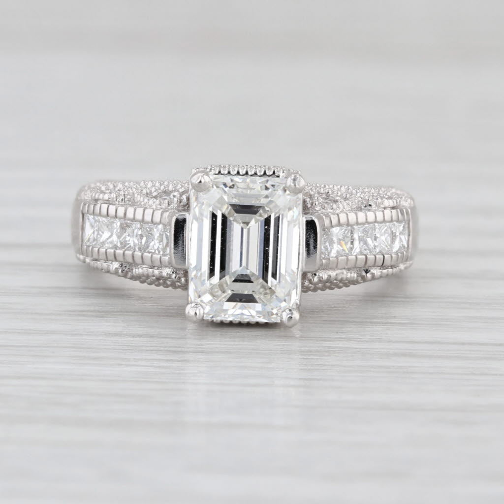 GIA 2.96ctw Emerald Diamond Ornate Diamond Engagement Ring Platinum Size 6.5