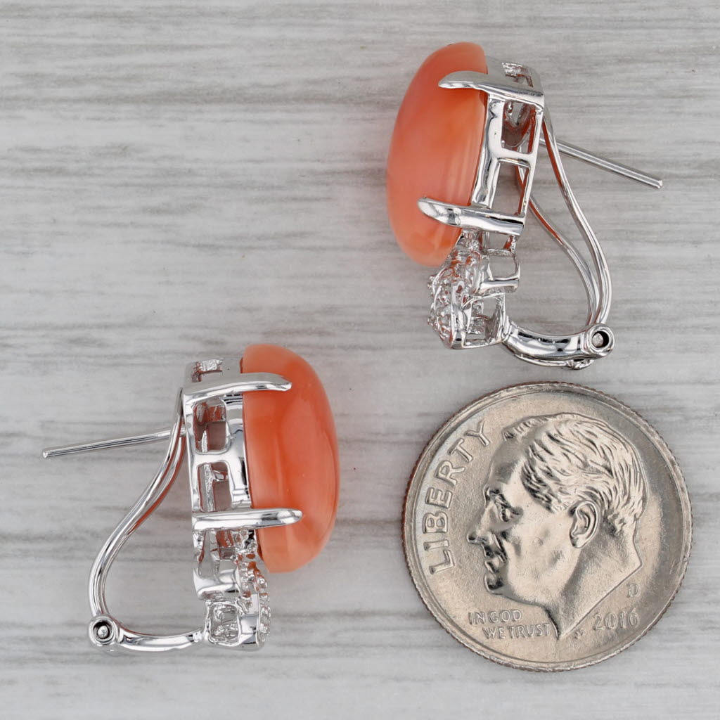Dark Gray Coral Cabochon Diamond Drop Earrings 14k White Gold Omega Backs