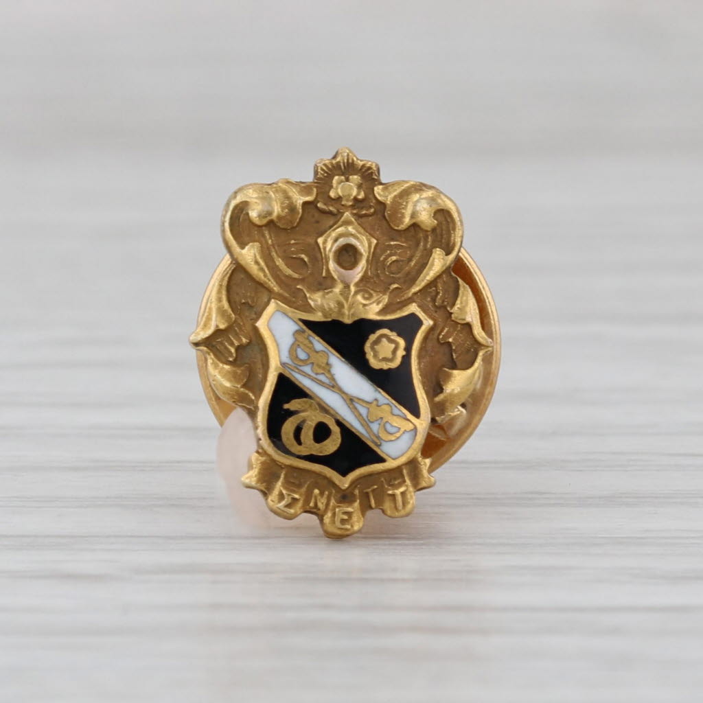 Sigma Nu Crest Pin Vintage Fraternity Lapel 14k Yellow Gold Enamel Tie Tac